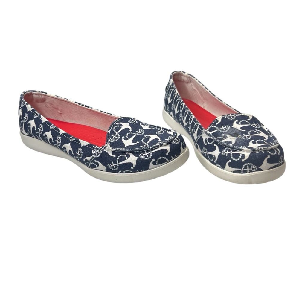 Crocs Melbourne II Loafers 11 Navy Anchor Canvas Flat Slip On Cruise Boat Shoes